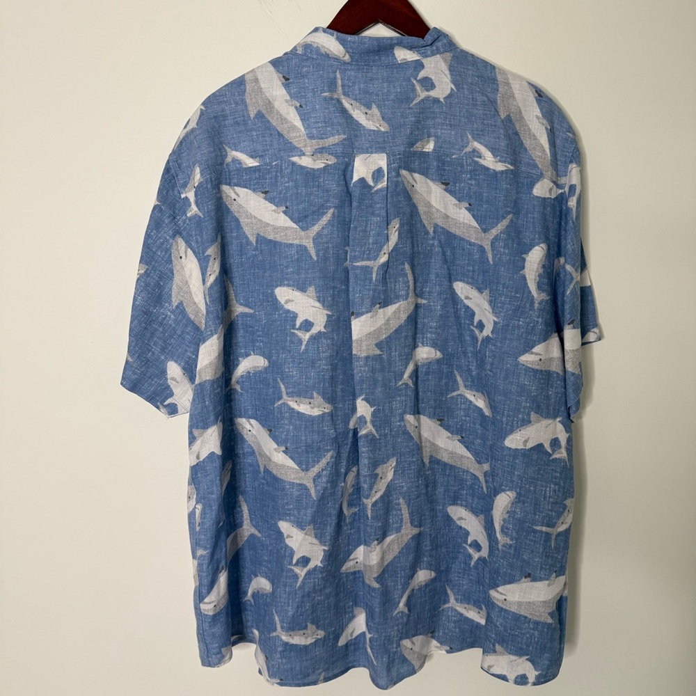 Lands' End 100% Linen Blue Shark Novelty Print Casual Shirt Size XXL - Picture 3 of 7